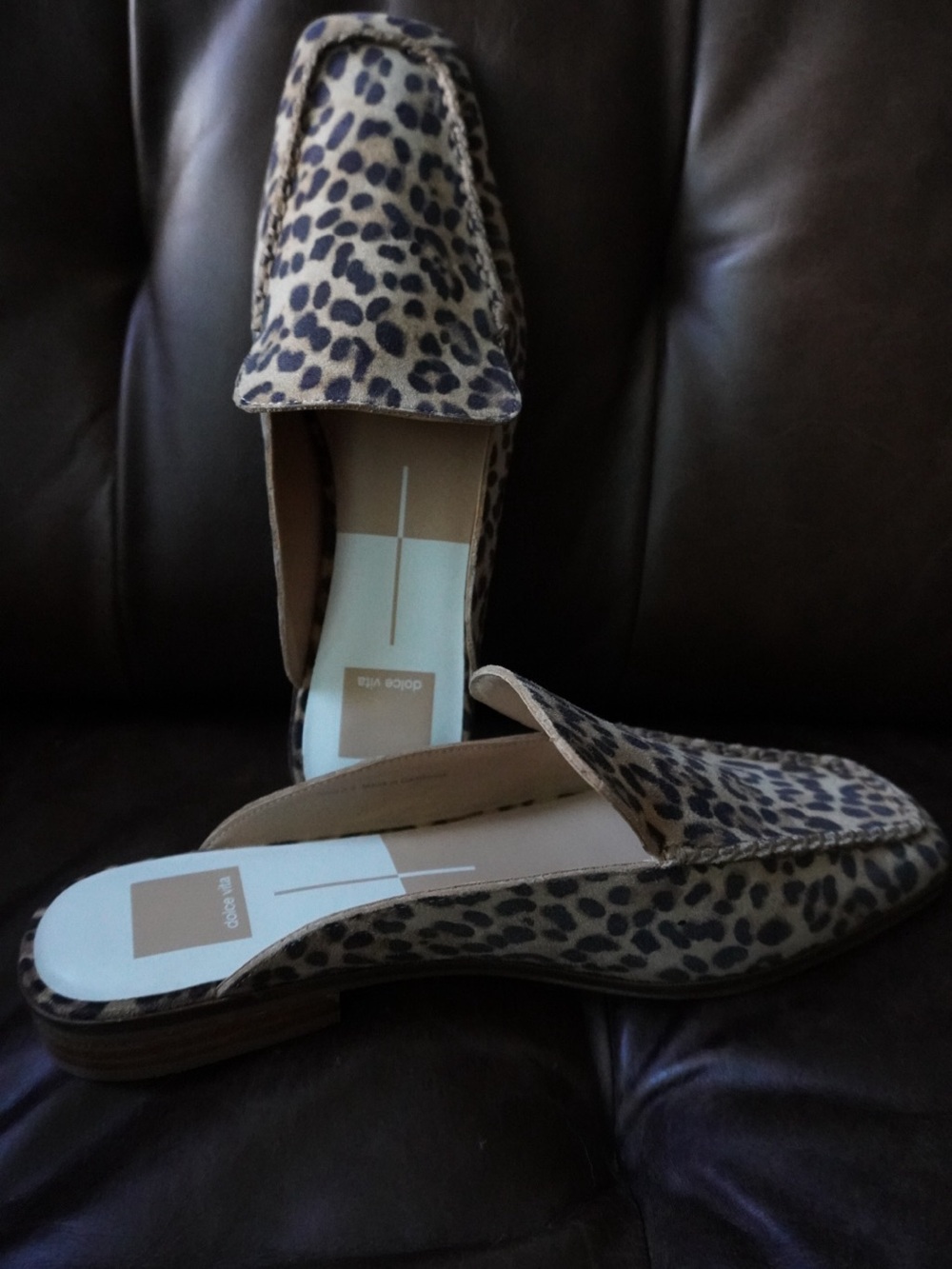 NEW ❤️ Dolce Vita Leopard Print Mules in Beige and Black Calf Hair